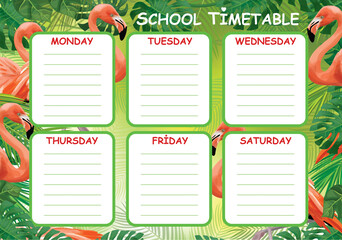Vector template school timetable, pink flamingo, tropical design.