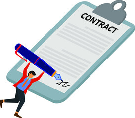 a businessman is signing a work contract, flat illustration vector graphic