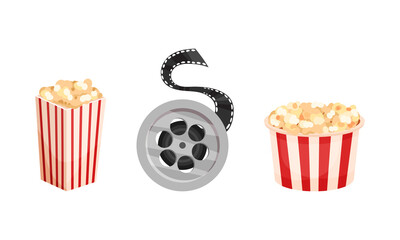  inematography as Motion-picture and Film Symbols with Popcorn Bucket and Reel Vector Set