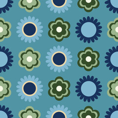 1960's blue, teal and green mid century modern, geometric floral design. Vintage, cool, retro, hippie, simple, 60's flower power graphic, seamless vector repeat pattern background wallpaper texture