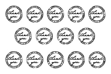 Round stamps THANK YOU for order, purchase. Basis elements set for sales on white background - obrazy, fototapety, plakaty
