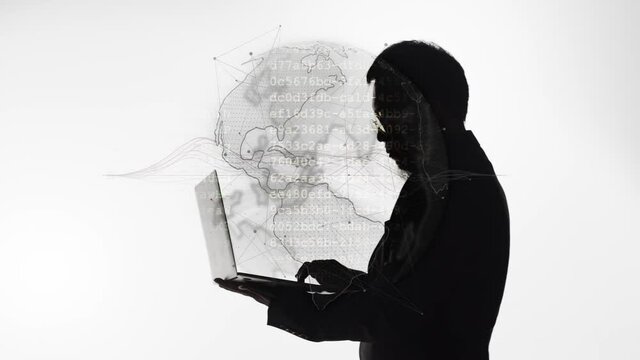 A businessman has an imaginative idea for a project that links global network systems - silhouette with white background