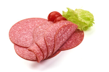Traditional salami slices, Isolated on white background, Close-up.