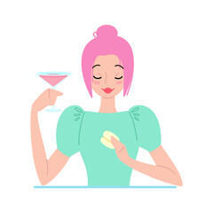 Beautiful girl enjoying macaroon and cocktail. Young woman with pink hair eating a delicious macaroon and drinking cocktail. Vector illustration drawn in flat style.