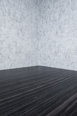 Perspective of empty black wooden table with white wall texture in background.