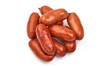 Smoked pork sausages, isolated on white background.