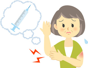 イラスト素材：シニア女性が新型コロナウイルスワクチン接種の注射後の副反応症状シリーズ　関節痛
