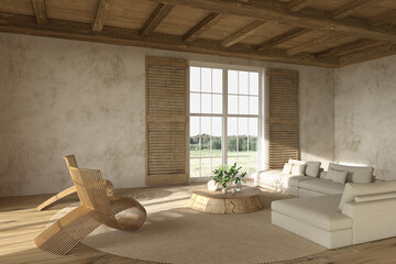 Scandinavian farmhouse style. Beige living room interior with natural wooden furniture. Mock up wall background. 3d render illustration.