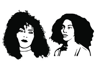 Fototapeta premium Sketching of two beauty african young woman. Afro female portrait. Hand drawn fashion illustration. Black lady curly