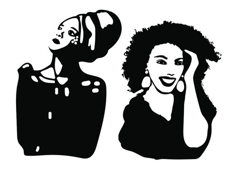 Sketching of two beauty african young woman. Afro female portrait. Hand drawn fashion illustration. Black lady curly