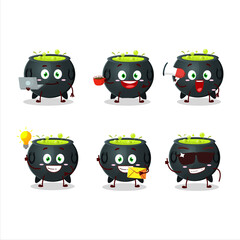 Witch cauldron cartoon character with various types of business emoticons