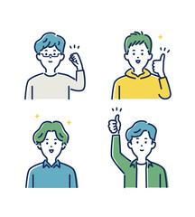 若い男性の表情とジェスチャーのイラスト素材セット