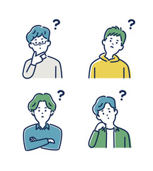 若い男性の考える表情とジェスチャーのイラスト素材セット