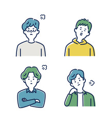 若い男性の怒っている表情とジェスチャーのイラスト素材セット