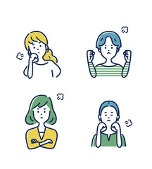 若い女性の怒る表情とジェスチャーのイラスト素材セット