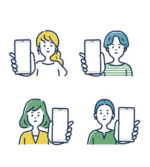 スマホを持つ若い女性の表情とジェスチャーのイラスト素材セット