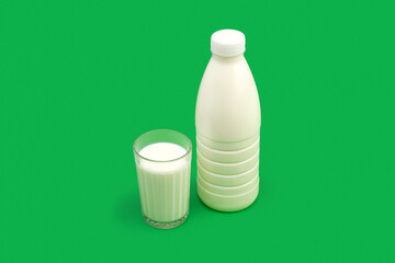 Milk bottle and filled glass green background