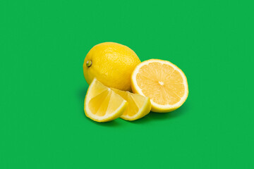 Lemon with slice on green background