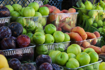 Naklejka na ściany i meble assortment of fruits on the market counter.