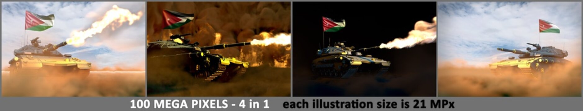 4 high resolution pictures of heavy tank with not real design and with Jordan flag - Jordan army concept, military 3D Illustration