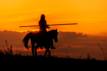 Fototapeta na wymiar silhouette of a woman on horseback against the setting sun like a Spanish rider with a spear