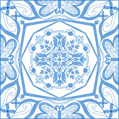 Azulejo tile pattern, Portuguese Spanish Italian traditional mosaic, Mediterranean elegance blue design illustration