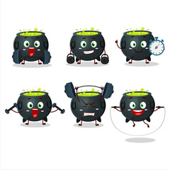 A healthy witch cauldron cartoon style trying some tools on Fitness center