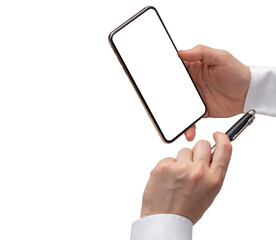 Hand held phone isolated on white background. ready to be refilled. mockup image cell phone