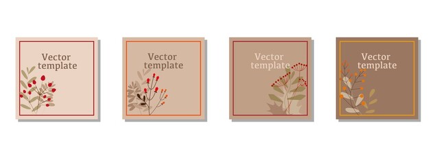 Vector design square templates in simple modern style with copy space for text, autumn leaves and berries.Natural concept template. Vector illustration. 
