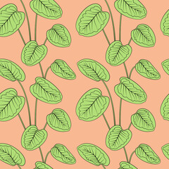 Tropical green calathea leaves black outline drawing seamless pattern. Pink background. Jungle foliage line art texture. Stock vector illustration.