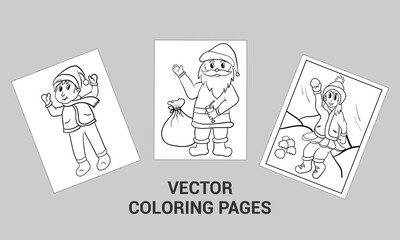 Editable Christmas Coloring Pages or Books for Kids. Activity Book Line Art for Coloring. Vector Christmas illustration. Hand drawing cartoon character. Santa Claus with gifts. Christmas illustration.