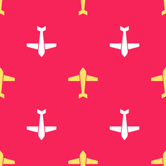 Gele straaljager pictogram geïsoleerd naadloos patroon op rode achtergrond. Militair vliegtuig. Vector