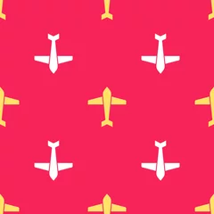 Keuken foto achterwand Militair patroon Gele straaljager pictogram geïsoleerd naadloos patroon op rode achtergrond. Militair vliegtuig. Vector