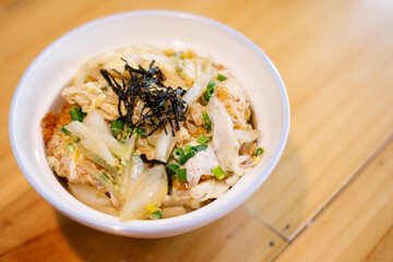 Katsudon Pork Cutlet Rice Bowl, Japanese cuisine.