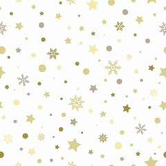 Seamless pattern with golden stars, dots and snowflakes on white background. Vector illustration.