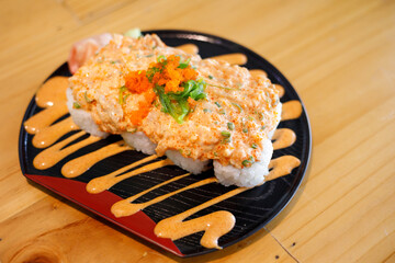 Salmon With Spicy Mayo on Rice ball,  Raw Fish in Fusion Japanese Food