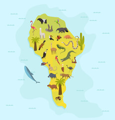 Animal map of south america. Nature fauna cartography concept . Geographical map with local fauna. Continent with mammals and sea life. Vector illustration in kids style