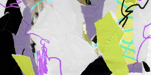 Abstract mixed media image, collage technique. Versatile artistic backdrop for creative design projects: posters, banners, cards, websites, magazines, wallpapers. Urban street art. Colorful texture. © tofutyklein