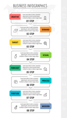 Line vector infographics with 8 rectangles. Square chart process template with arrows. Modern timeline for company or corporate business project, presentation, web, diagram, content