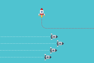 Different Approach - Different Direction. Group of rockets flying in one direction and with one individual flying in the different way, can be used leadership/individuality concepts.	