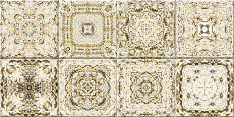 A large panel made of mosaic square tiles with a texture of decorative plaster and stucco molding for interior home decoration. Seamless pattern. Wall tile design.