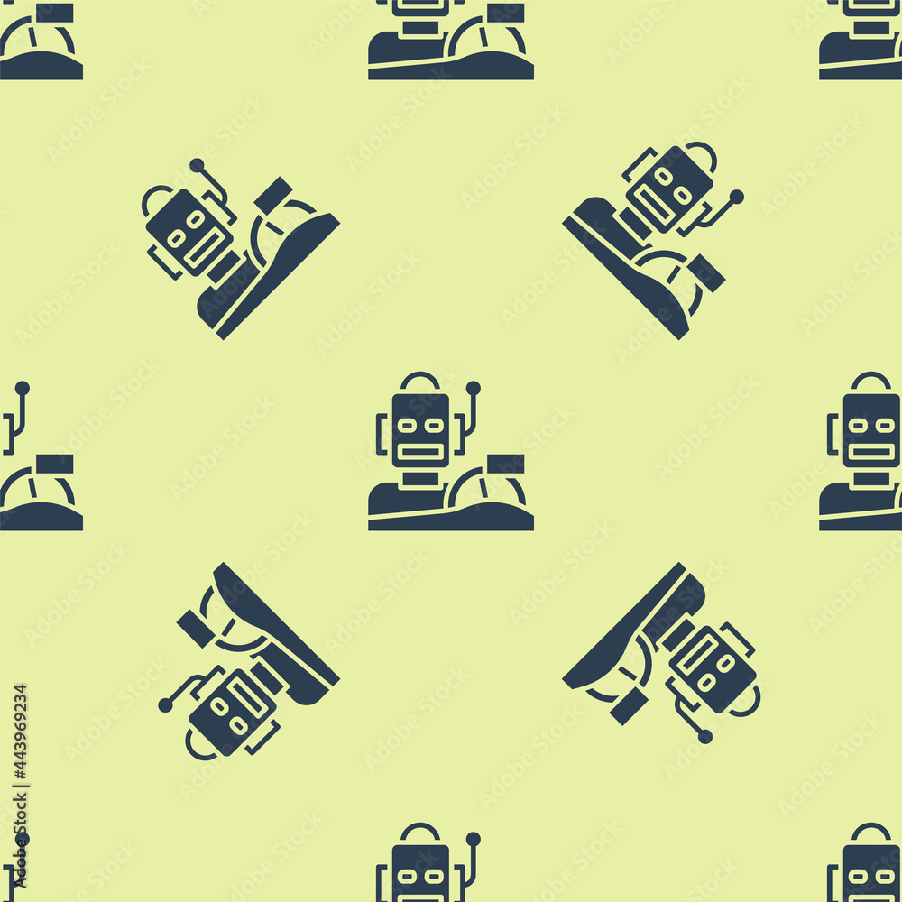 Poster blue robot humanoid driving a car icon isolated seamless pattern on yellow background. artificial in