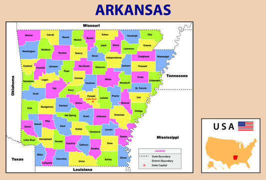Political map of Arkansas. Highlight Arkansas map on India map with a boundary line. Arkansas political map..