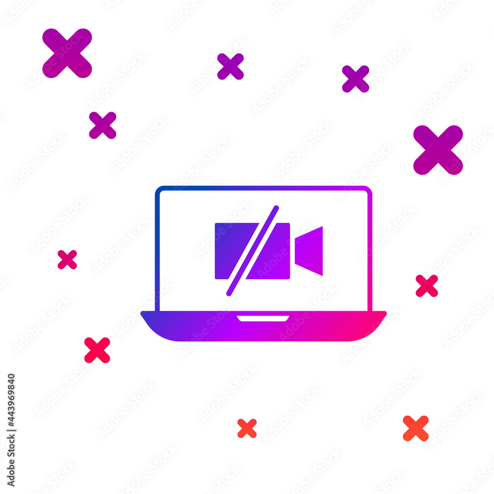 Poster color video camera off on laptop screen icon isolated on white background. no video. gradient random