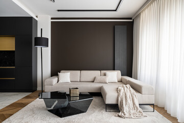 Elegant living room with big, corner sofa