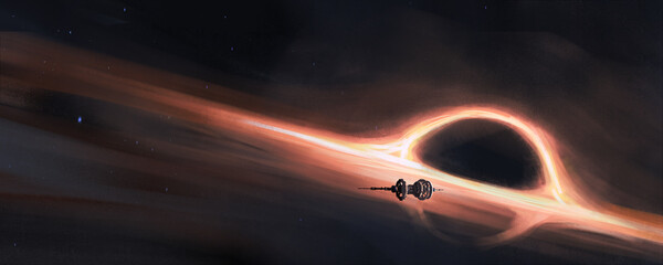 Spaceship sailing on the orbit of the black hole, 3D illustration © liuzishan