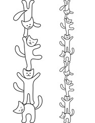 Contour drawing of cute cats standing on their paws. Vector funny kittens in cartoon doodle style. The cat is an acrobat. Vertical decorative border. Design element. Black lines isolated on a white.