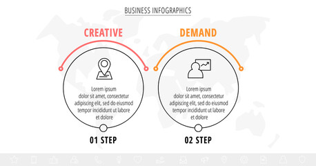 Business vector infographics with two line circles. Timeline visualization with 2 steps for diagram, flowchart, banner, presentations, web, content, levels, chart, graphic