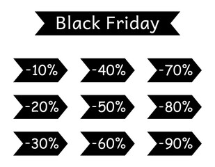 Set of discount labels in the form of arrows. Black Friday sale promotion web banner heading design. Sale Discount Sign from 10 to 90 percent. Isolated on a white background. Vector stock illustration