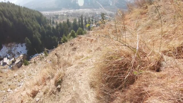 View of the Hiking Trail on the mountians used to reach Jogini Falls at Manali in Himachal Prades, India